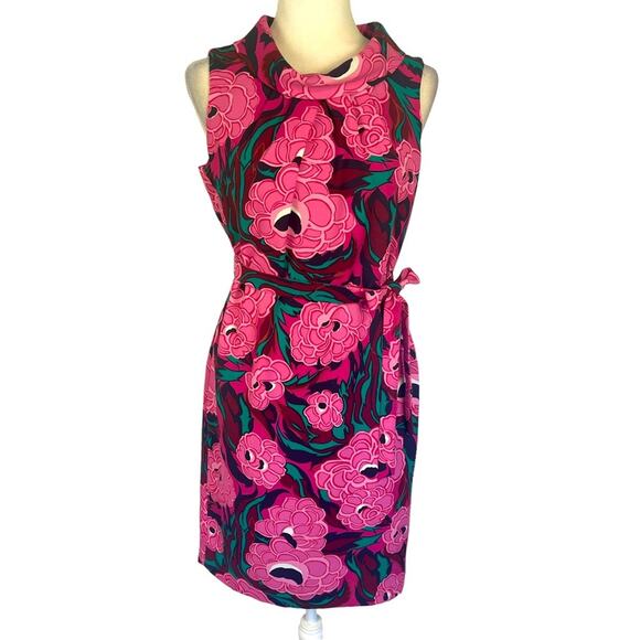 Talbots Vibrant Floral Print Dress Cowl Collar Tie Belt Sleeveless Size 6 Pink - Picture 1 of 7